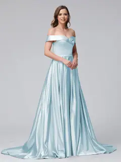 A-Line Off-the-Shoulder Long Satin Evening Dresses with Split Side & Pockets — view 44