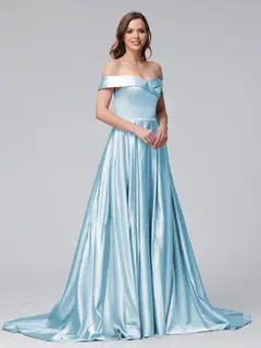 A-Line Off-the-Shoulder Long Satin Evening Dresses with Split Side & Pockets — view 46