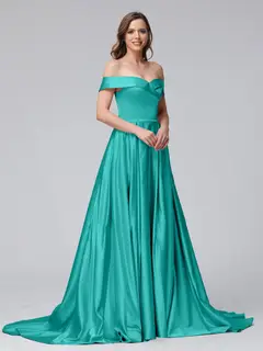 A-Line Off-the-Shoulder Long Satin Evening Dresses with Split Side & Pockets — view 49