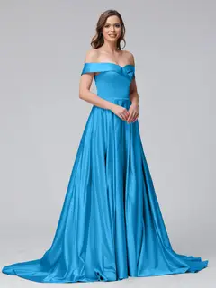 A-Line Off-the-Shoulder Long Satin Evening Dresses with Split Side & Pockets — view 50