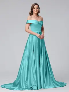 A-Line Off-the-Shoulder Long Satin Evening Dresses with Split Side & Pockets — view 60