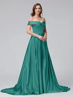 A-Line Off-the-Shoulder Long Satin Evening Dresses with Split Side & Pockets — view 63