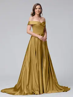 A-Line Off-the-Shoulder Long Satin Evening Dresses with Split Side & Pockets — view 67