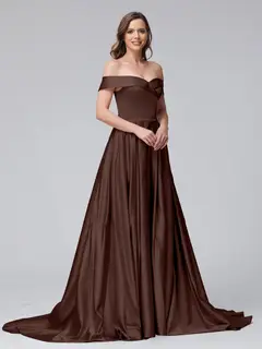 A-Line Off-the-Shoulder Long Satin Evening Dresses with Split Side & Pockets — view 73