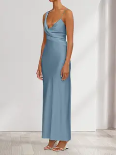 Sheath/Column V-Neck Ruched Ankle-Length Satin Evening Dresses — view 3