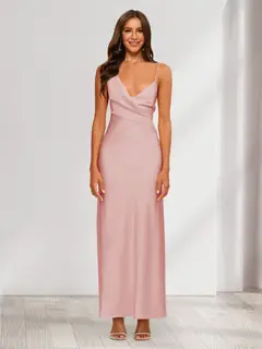 Sheath/Column V-Neck Ruched Ankle-Length Satin Evening Dresses — view 16