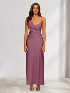 Sheath/Column V-Neck Ruched Ankle-Length Satin Evening Dresses — view 37