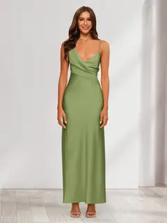 Sheath/Column V-Neck Ruched Ankle-Length Satin Evening Dresses — view 42