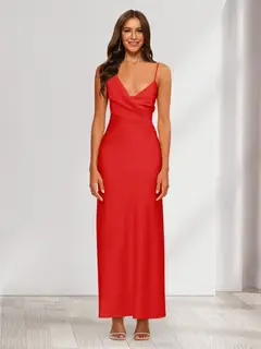 Sheath/Column V-Neck Ruched Ankle-Length Satin Evening Dresses — view 51