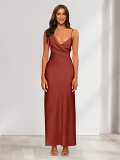 Sheath/Column V-Neck Ruched Ankle-Length Satin Evening Dresses — view 53