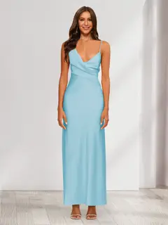 Sheath/Column V-Neck Ruched Ankle-Length Satin Evening Dresses — view 58