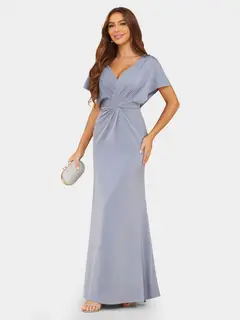 Sheath/Column V-Neck Short Sleeves Evening Dresses with Ruched — view 3