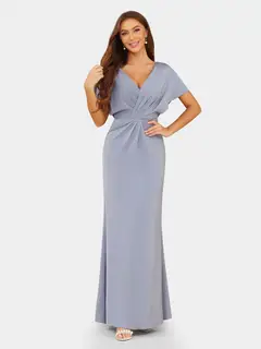 Sheath/Column V-Neck Short Sleeves Evening Dresses with Ruched — view 4