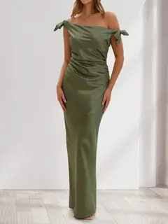 Sheath/Column Off-the-Shoulder Sleeveless Ruched Floor-Length Evening Dresses with Bow(s) — view 4