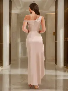 Sheath/Column One-Shoulder Sleeveless Ankle-Length Evening Dresses with High Split & Ruffles — view 2