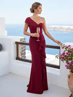 Sheath/Column One-Shoulder Sweep Train Ruched Mother of the Bride Dresses with Ruffles — view 1