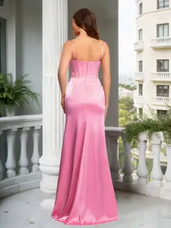 Trumpet/Mermaid V-Neck Straps Ruched Prom Dresses with Split Side — view 2