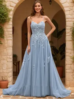 A-Line/Princess V-Neck Sleeveless Appliques Prom Dresses — view 1