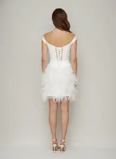 Sheath/Column Off-the-Shoulder Short Sleeves Basque Waist Prom Dresses with Feather — view 2