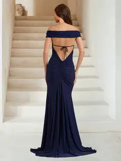 Trumpet/Mermaid Off-the-Shoulder Ruched Evening Dresses with Side Slit & Ruffles — view 2