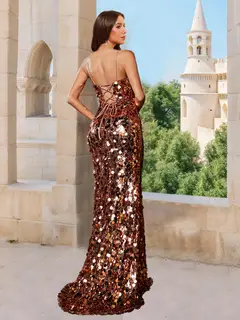 Sheath/Column V-Neck Sleeveless Split Side Prom Dresses — view 2