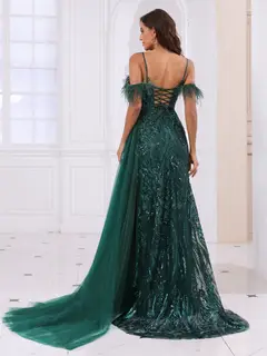 A-Line/Princess Spaghetti Straps Long Prom Dresses with Feather & Sequins — view 2