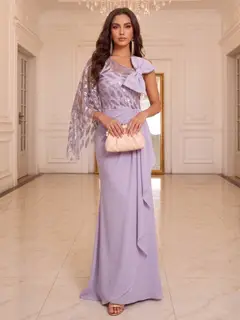Trumpet/Mermaid Scoop Asymmetrical Floor-Length Evening Dresses with Ruffles & Bowknot — view 1