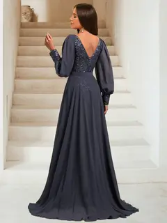 Sheath/Column V-Neck Long Sleeves Floor-Length Evening Dresses with Sequins & Overskirt — view 2