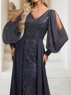 Sheath/Column V-Neck Long Sleeves Floor-Length Evening Dresses with Sequins & Overskirt — view 3