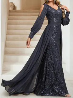 Sheath/Column V-Neck Long Sleeves Floor-Length Evening Dresses with Sequins & Overskirt — view 4