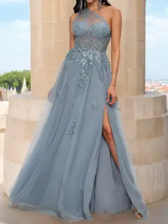 A-Line/Princess One-Shoulder Sleeveless Applique Prom Dresses — view 3