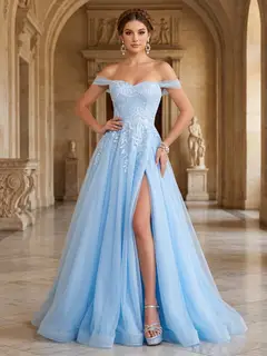 A-Line/Princess Sweetheart Appliques Tulle Prom Dresses with Split Side — view 1