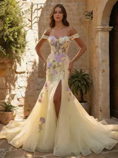 Trumpet/Mermaid Off-the-Shoulder Sweetheart Long Prom Dresses with Split Side & 3D Flowers — view 1
