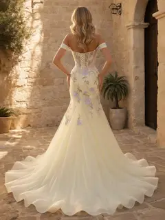 Trumpet/Mermaid Off-the-Shoulder Sweetheart Long Prom Dresses with Split Side & 3D Flowers — view 2