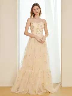 Retro A-Line Tulle Embroidery Long Prom Dresses with Spaghetti Straps — view 1