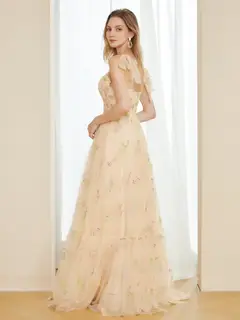 Retro A-Line Tulle Embroidery Long Prom Dresses with Spaghetti Straps — view 2