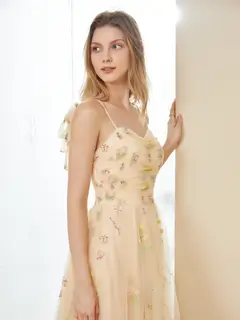 Retro A-Line Tulle Embroidery Long Prom Dresses with Spaghetti Straps — view 4