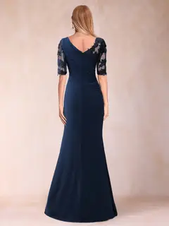 Sheath/Column Scoop Ruched Half Sleeves Mother of the Bride Dresses with Appliques — view 2