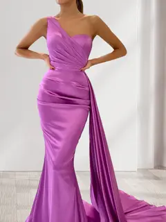 Trumpet/Mermaid One-Shoulder Ruched Evening Dresses with Watteau Train — view 3