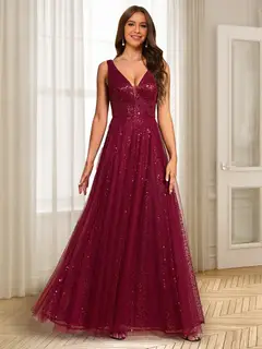 A-Line/Princess V-Neck Floor-Length Evening Dresses With Ruffles — view 1