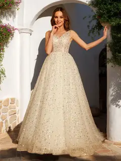 A-Line/Princess V-Neck Sleeveless Backless Long Prom Dresses — view 1