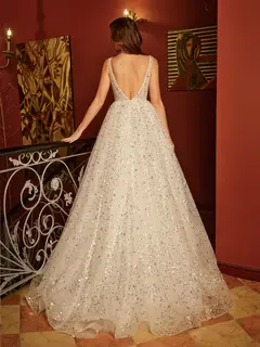 A-Line/Princess V-Neck Sleeveless Backless Long Prom Dresses — view 2