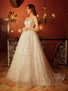 A-Line/Princess V-Neck Sleeveless Backless Long Prom Dresses — view 3