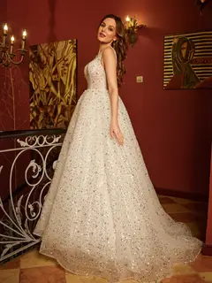 A-Line/Princess V-Neck Sleeveless Backless Long Prom Dresses — view 4
