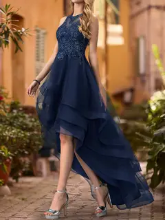 A-Line/Princess Scoop Sleeveless Beading Prom Dresses — view 3