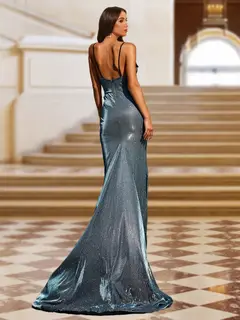 Trumpet/Mermaid V-Neck Straps Evening Dresses with Sweep Train — view 2
