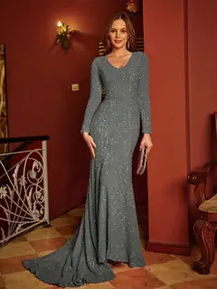 Trumpet/Mermaid U-Neck Long Sleeves Long Tight Evening Dresses — view 31
