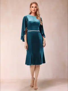 A-Line/Princess Scoop 3/4 Sleeves Knee-Length Evening Dresses with Sash — view 1