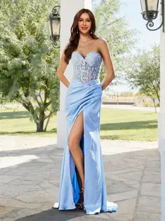 Sheath/Column Sweetheart Sleeveless Long Prom Dresses with Appliques & Split Side — view 1