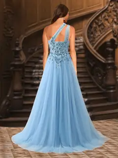 A-Line/Princess One-Shoulder Sleeveless Tulle Evening Dresses with Appliques — view 2